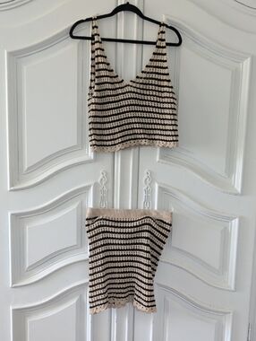 O'Neill Cream and Black Striped Crochet Camisole skirt Set